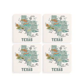 A set of four white square coasters with a map illustration of Texas with famous landmarks and cities.
