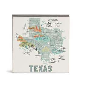 A white square wall art with an illustrated map of Texas with landmarks and cities.