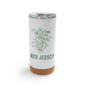 A white cork bottom tumbler with a graphic map image of New Jersey and illustrations of famous locations and cities.