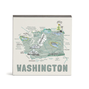 A white square wall art with an illustrated map of Washington with landmarks and cities.