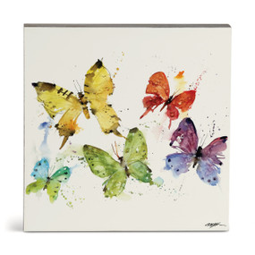 A square watercolor wall art of colorful butterflies.