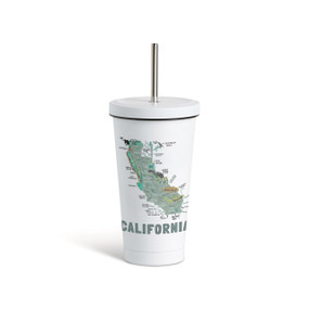 A white tumbler with a white lid and metal straw with a map illustration of California with landmarks and cities.