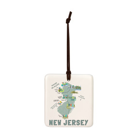 A square cream hanging tile magnet ornament with a map illustration of New Jersey with landmarks and cities.