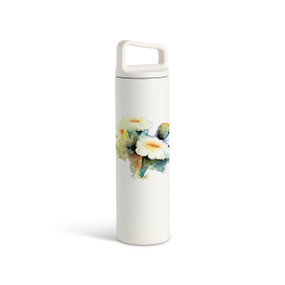 A white water bottle with a screw top handled lid. The front has a watercolor image of a flowering saguaro cactus.