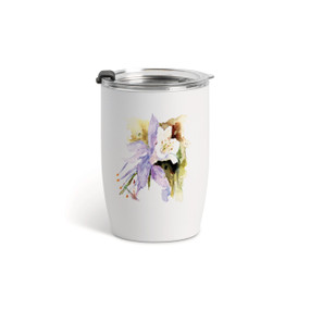A white tumbler with a clear plastic lid and a watercolor image of a columbine flower on the front.