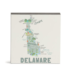 A white square wall art with an illustrated map of Delaware with landmarks and cities.