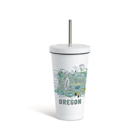 A white tumbler with a white lid and metal straw with a map illustration of Oregon with landmarks and cities.