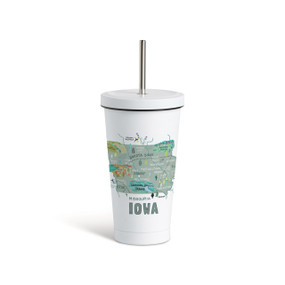 A white tumbler with a white lid and metal straw with a map illustration of Iowa with landmarks and cities.