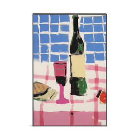 An illustrated pink and blue wall art of a wine bottle and glass.