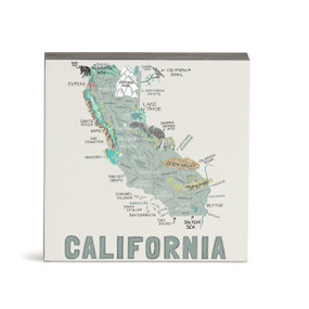 A white square wall art with an illustrated map of California with landmarks and cities.