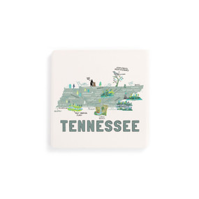 A set of four white square coasters with a map illustration of Tennessee with famous landmarks and cities.