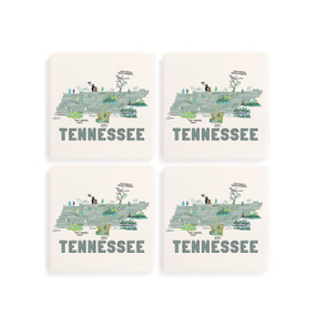 A set of four white square coasters with a map illustration of Tennessee with famous landmarks and cities.