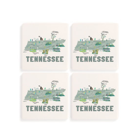 A set of four white square coasters with a map illustration of Tennessee with famous landmarks and cities.