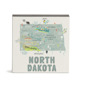 A white square wall art with an illustrated map of North Dakota with landmarks and cities.