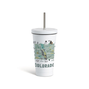 A white tumbler with a white lid and metal straw with a map illustration of Colorado with landmarks and cities.
