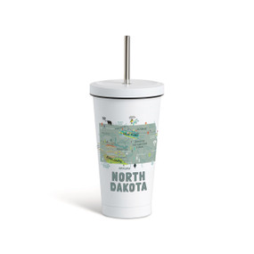 A white tumbler with a white lid and metal straw with a map illustration of North Dakota with landmarks and cities.