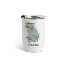 A white tumbler with a clear plastic lid and a map illustration of Georgia with landmarks and cities.