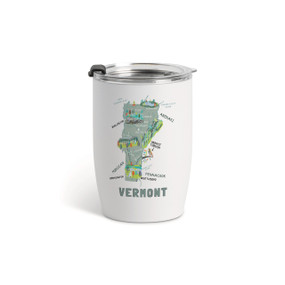 A white tumbler with a clear plastic lid and a map illustration of Vermont with landmarks and cities.