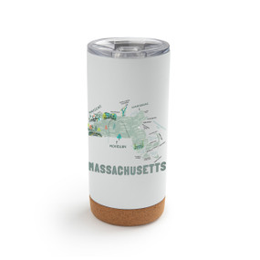 A white cork bottom tumbler with a graphic map image of Massachusetts and illustrations of famous locations and cities.