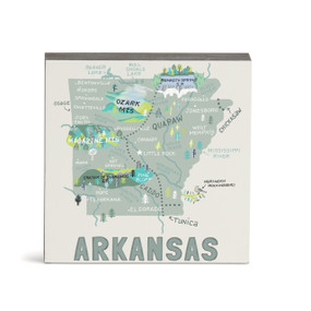 A white square wall art with an illustrated map of Arkansas with landmarks and cities.