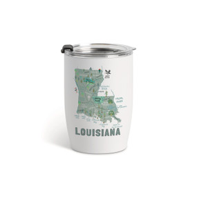 A white tumbler with a clear plastic lid and a map illustration of Louisiana with landmarks and cities.