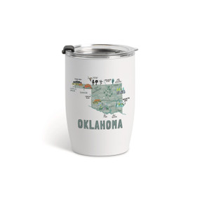 A white tumbler with a clear plastic lid and a map illustration of Oklahoma with landmarks and cities.