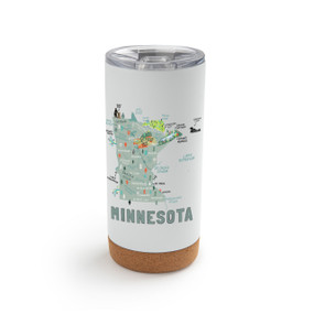 A white cork bottom tumbler with a graphic map image of Minnesota and illustrations of famous locations and cities.