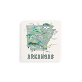 A set of four white square coasters with a map illustration of Arkansas with famous landmarks and cities.