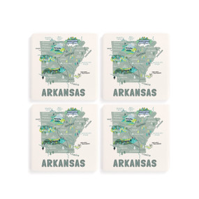 A set of four white square coasters with a map illustration of Arkansas with famous landmarks and cities.