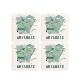 A set of four white square coasters with a map illustration of Arkansas with famous landmarks and cities.
