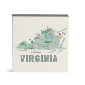 A white square wall art with an illustrated map of Virginia with landmarks and cities.