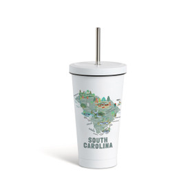 A white tumbler with a white lid and metal straw with a map illustration of South Carolina with landmarks and cities.