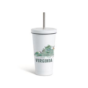A white tumbler with a white lid and metal straw with a map illustration of Virginia with landmarks and cities.