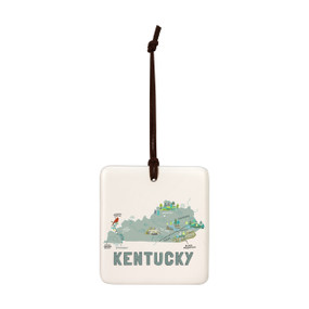 A square cream hanging tile magnet ornament with a map illustration of Kentucky with landmarks and cities.