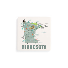 A set of four white square coasters with a map illustration of Minnesota with famous landmarks and cities.