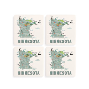 A set of four white square coasters with a map illustration of Minnesota with famous landmarks and cities.