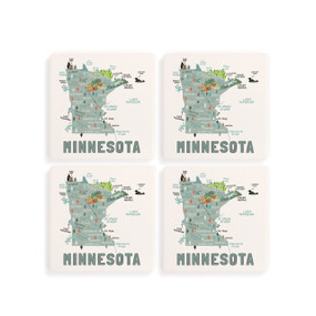 A set of four white square coasters with a map illustration of Minnesota with famous landmarks and cities.