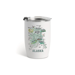 A white tumbler with a clear plastic lid and a map illustration of Alaska with landmarks and cities.