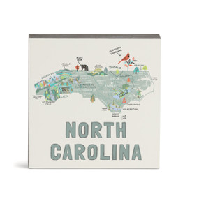 A white square wall art with an illustrated map of North Carolina with landmarks and cities.