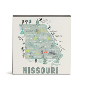 A white square wall art with an illustrated map of Missouri with landmarks and cities.