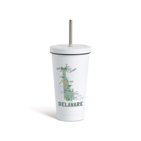 A white tumbler with a white lid and metal straw with a map illustration of Delaware with landmarks and cities.