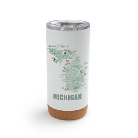 A white cork bottom tumbler with a graphic map image of Michigan and illustrations of famous locations and cities.
