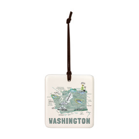 A square cream hanging tile magnet ornament with a map illustration of Washington with landmarks and cities.
