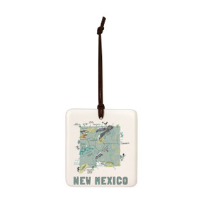 A square cream hanging tile magnet ornament with a map illustration of New Mexico with landmarks and cities.