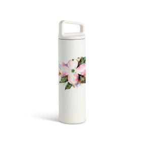 A white water bottle with a screw top handled lid. The front has a watercolor image of an American dogwood flower.