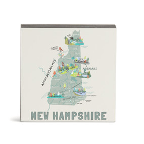 A white square wall art with an illustrated map of New Hampshire with landmarks and cities.
