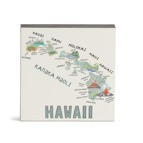 A white square wall art with an illustrated map of Hawaii with landmarks and cities.