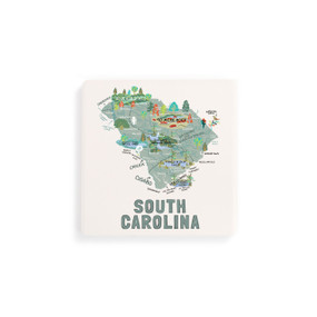 A set of four white square coasters with a map illustration of South Carolina with famous landmarks and cities.