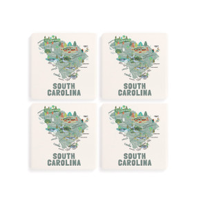 A set of four white square coasters with a map illustration of South Carolina with famous landmarks and cities.