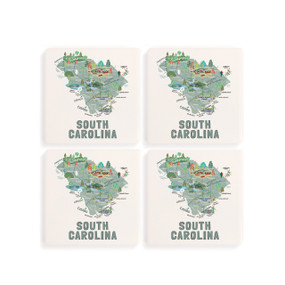 A set of four white square coasters with a map illustration of South Carolina with famous landmarks and cities.